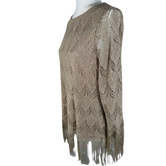 Chico’s Gold Metallic Scalloped Fringe Trim Dressy Top - Picture 6 of 11